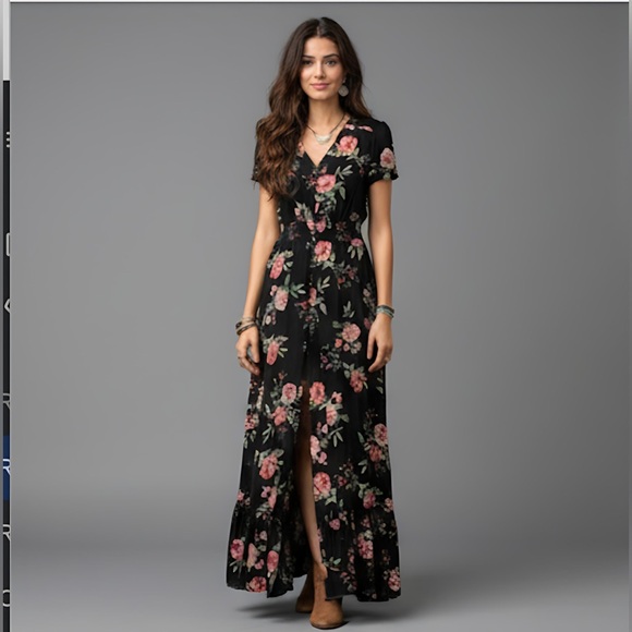 Black Boho Rose Floral Print Button Front Split Thigh Dress - Picture 5 of 14